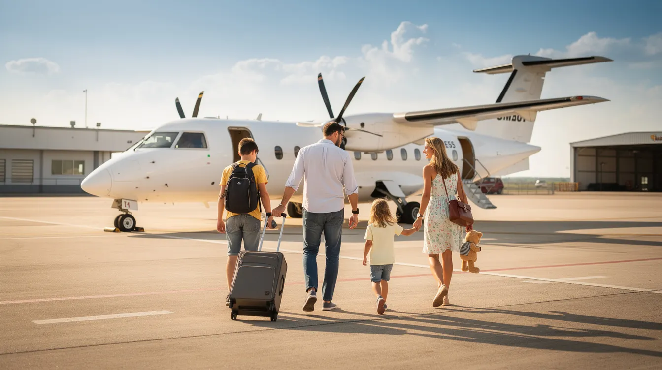 A family of four is walking toward a small white turboprop airplane on a sunny tarmac at a regional airport, showcasing the excitement of aircraft sales and the joy of aviation. The scene captures the essence of family bonding and the allure of small planes in a vibrant outdoor setting.