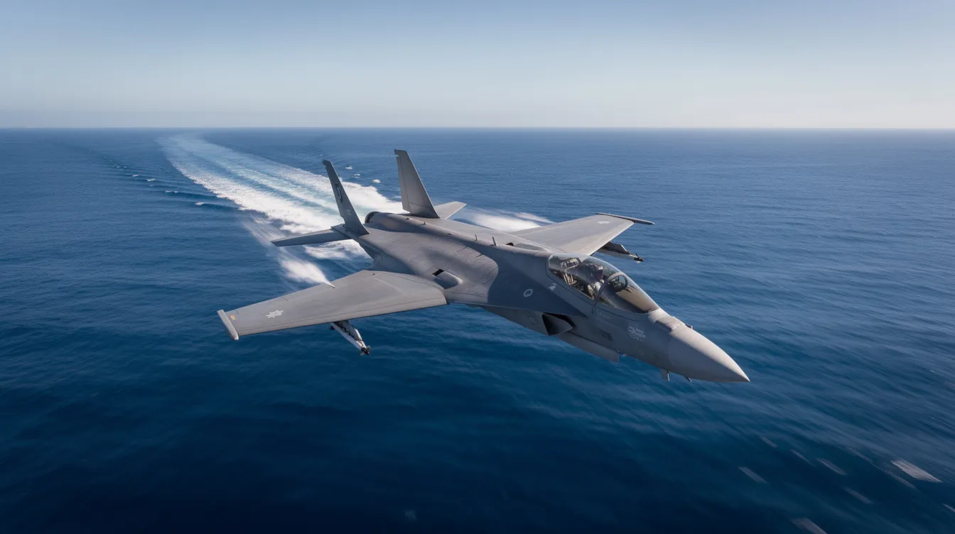 A compact military jet, reminiscent of the Douglas A-4 Skyhawk, is flying low over a deep blue ocean under a clear sky, showcasing its lightweight design and agility. This aircraft, often used in combat missions by the United States Navy and Marine Corps, exemplifies naval aviation prowess as it approaches the horizon.
