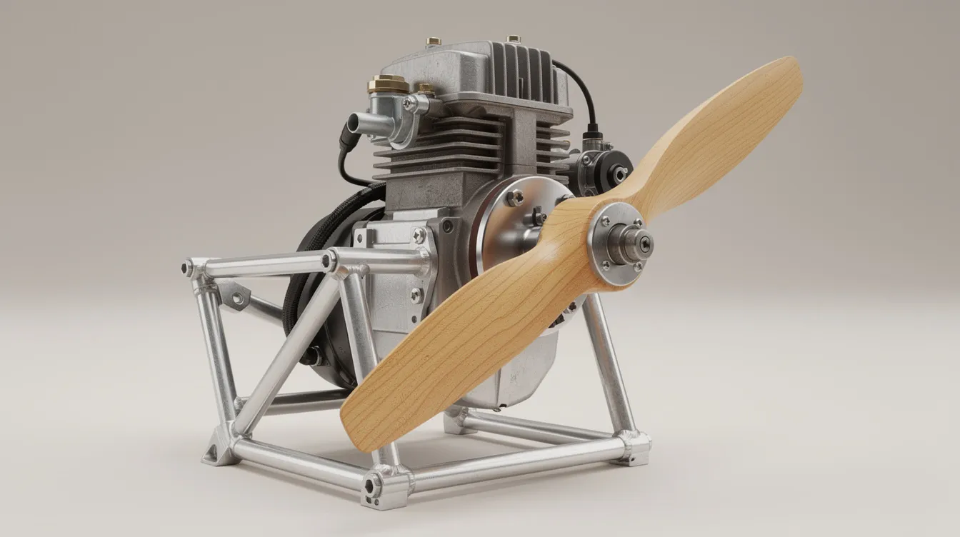 The image features a compact two-stroke aircraft engine mounted on a lightweight aluminum frame, showcasing a wooden propeller attached at the front. This assembly exemplifies the craftsmanship required for experimental aircraft, highlighting its high output and design for ultralight flying.