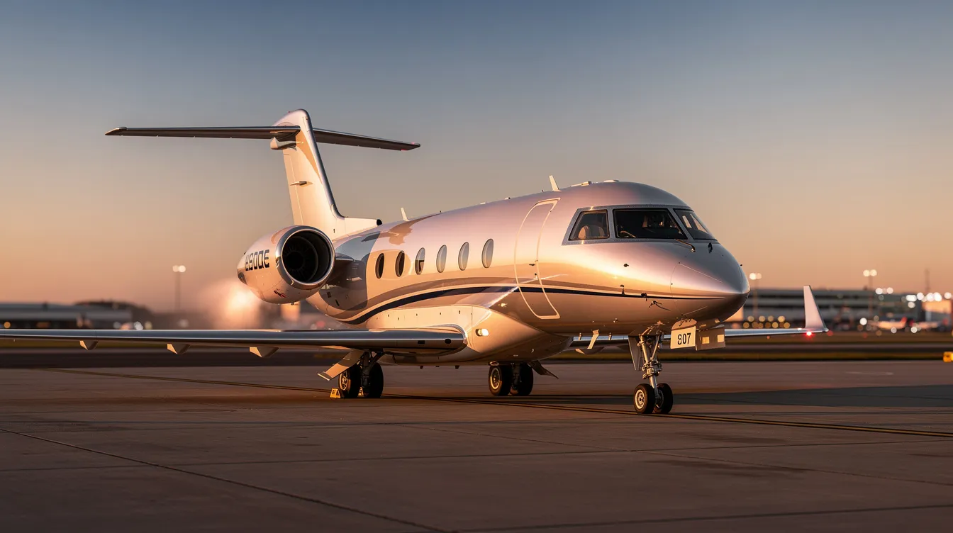 A sleek private jet is parked on an airport tarmac during golden hour, surrounded by a clear sky that enhances its elegant design. The aircraft features aluminum wheels and hydraulic brakes, showcasing high-quality craftsmanship and specifications ideal for flying enthusiasts.