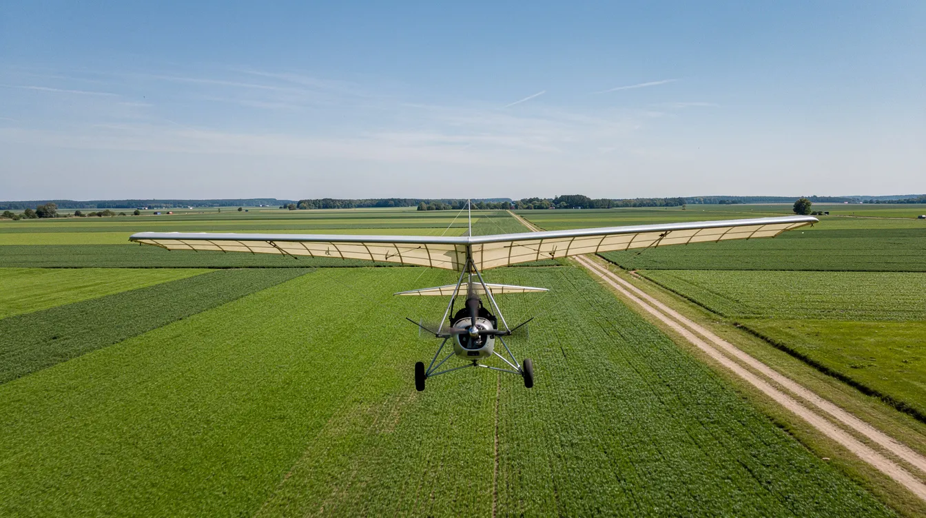 A small single-seat ultralight aircraft with a high wing is flying low over flat green farmland on a clear day, showcasing its sleek design and lightweight structure. This experimental aircraft, often associated with the grand champion ultralight title, features aluminum wheels and hydraulic brakes, making it an ideal choice for pilots looking to explore the skies.
