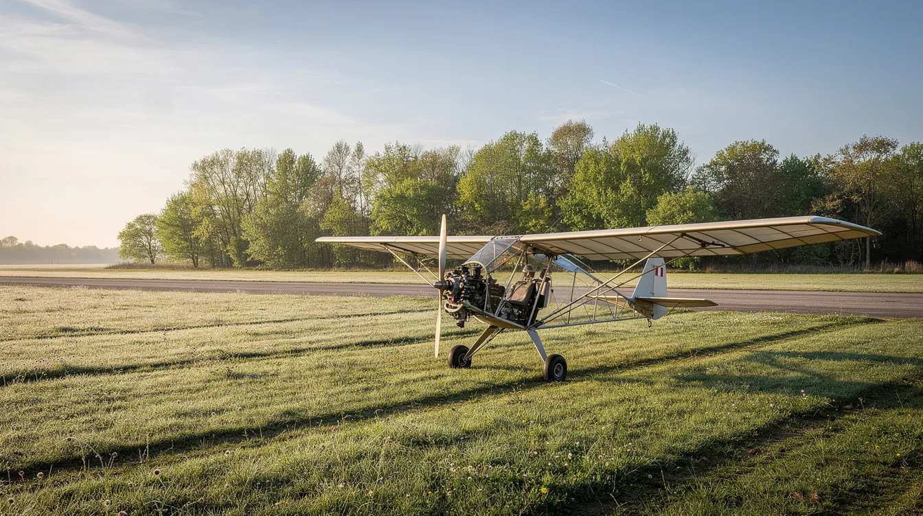 A small ultralight aircraft, fully assembled and parked on a rural grass airstrip, is surrounded by trees on a sunny morning. This experimental aircraft, known for its high output and lightweight design, features aluminum wheels and hydraulic brakes, emphasizing its craftsmanship and suitability for pilots with a pilot license.