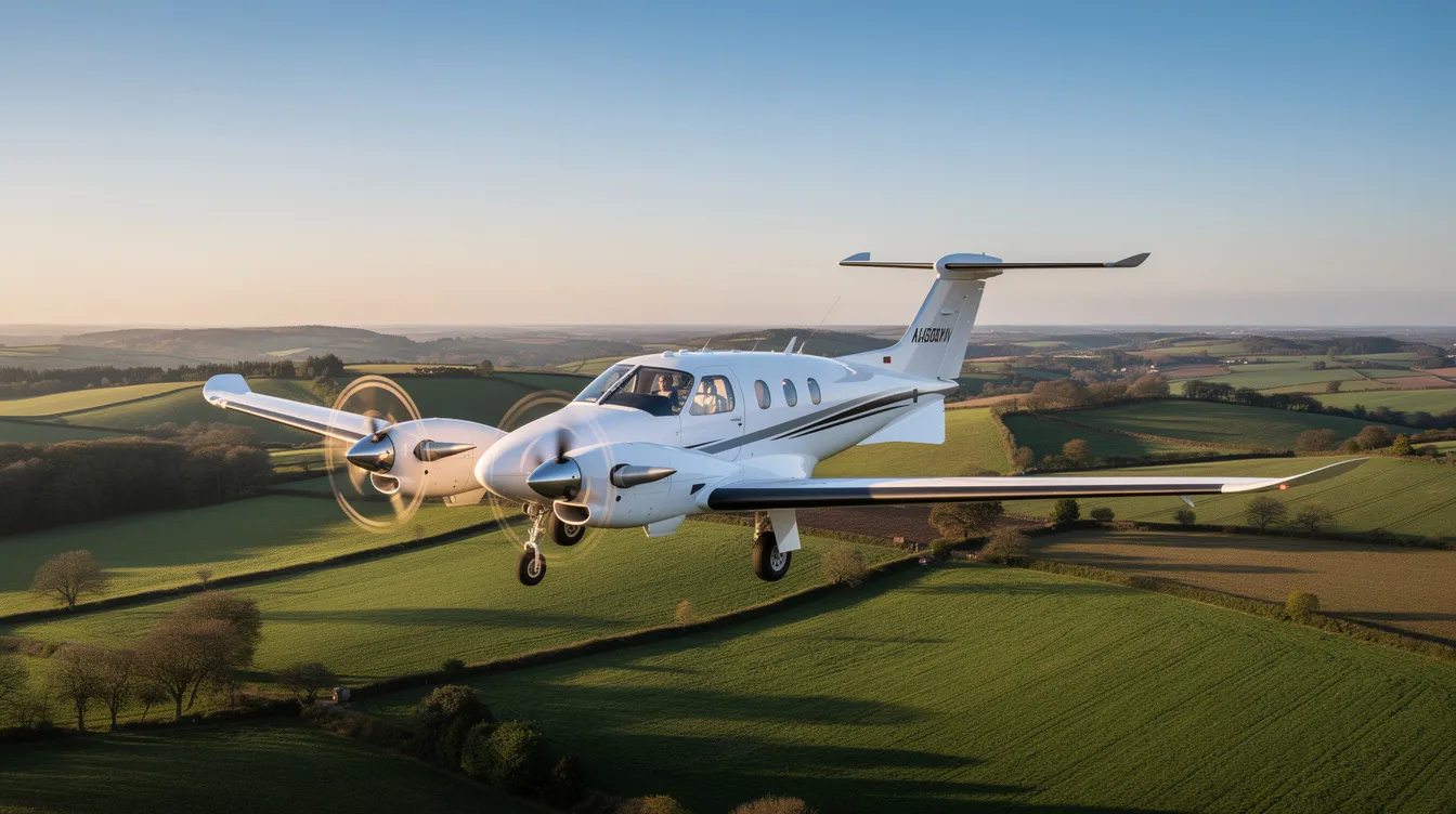 A sleek Diamond DA42 twin-engine aircraft with a T-tail glides gracefully over lush green countryside beneath a clear blue sky, showcasing its advanced blade geometry and efficient performance. The composite airframe and integrated weather radar highlight the aircraft's modern design, perfect for general aviation.