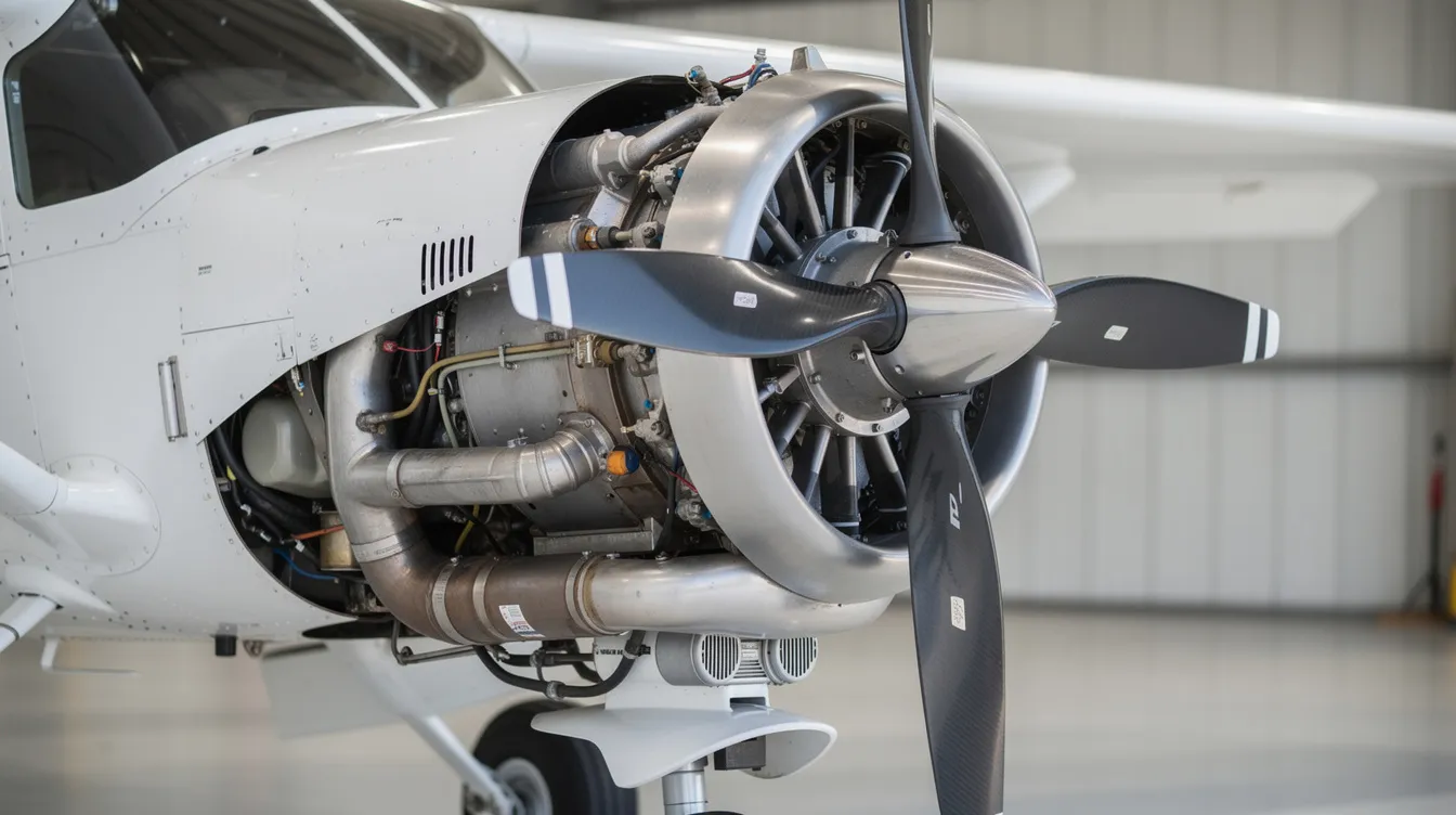 A close-up view of a modern turbo-diesel aircraft engine mounted on the wing of a Diamond DA42 twin engine aircraft, featuring a three-blade propeller designed with advanced blade geometry for efficient performance. The engine is equipped with digital engine control systems and is part of a carbon composite airframe, highlighting the aircraft's commitment to safety and advanced technology in general aviation.