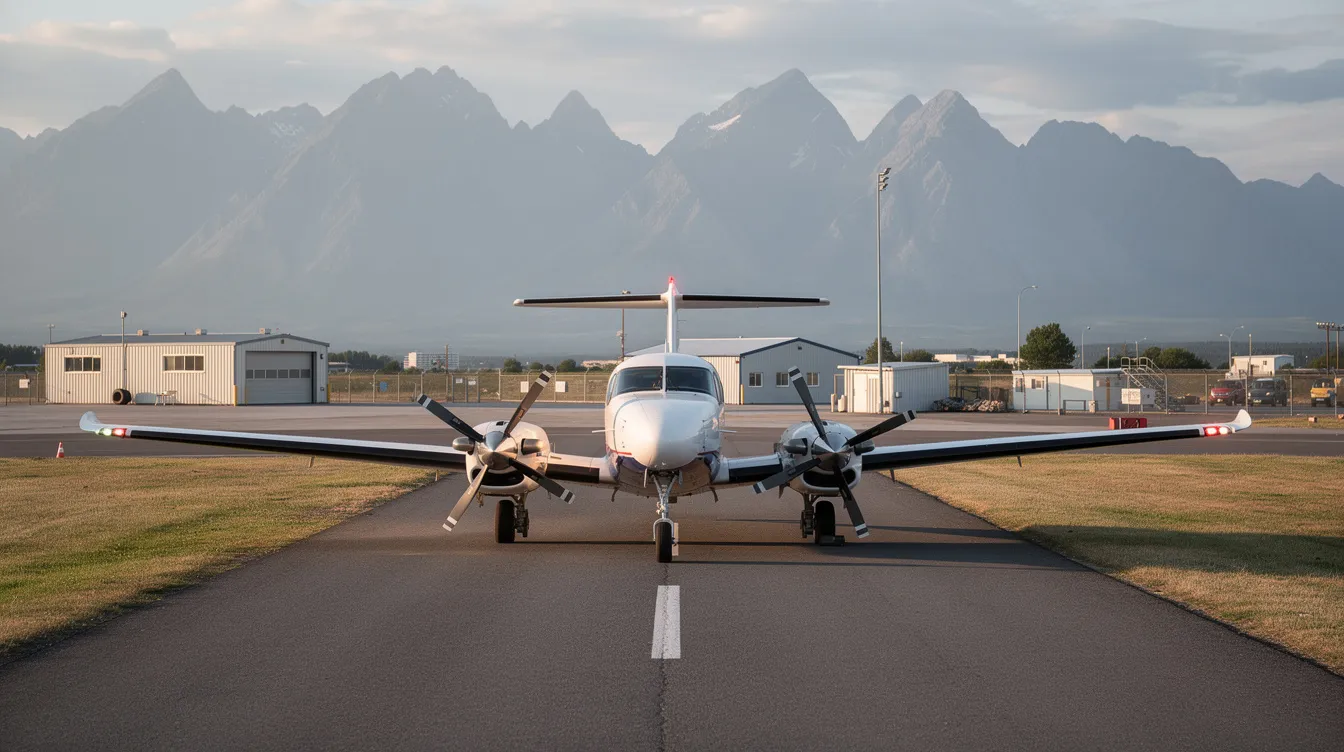 A diamond DA42 twin-engine aircraft is positioned on a short runway at a small regional airport, with majestic mountains rising in the background. This efficient aircraft, known for its advanced blade geometry and composite airframe, is designed for optimal performance in general aviation.