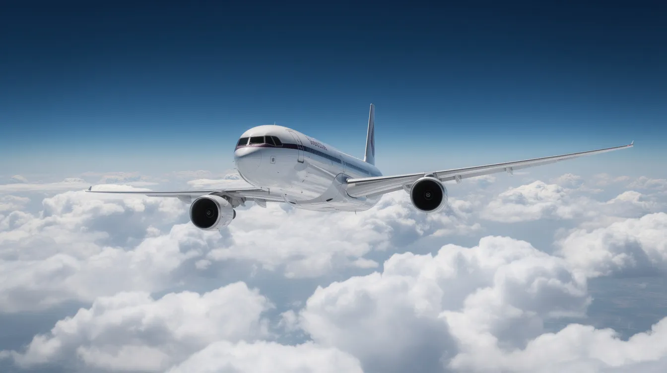 A large four-engine wide-body airliner, possibly a Virgin Atlantic aircraft, is soaring high above thick white clouds against a deep blue sky, showcasing its impressive wings and engines. The scene captures the essence of flight, highlighting the aircraft's powerful presence in the vast expanse above.
