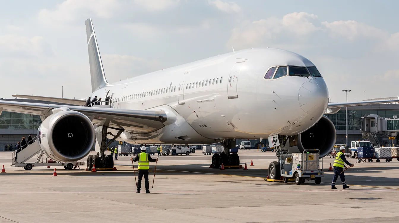 A large wide-body passenger aircraft, similar to a Virgin Atlantic model, is parked on an airport ramp, with its wings and engines visible. Ground crew members are performing security verification as boarding stairs are positioned against the aircraft, ready for passengers to embark.