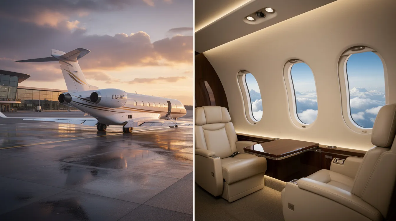 The image showcases a sleek Bombardier Dash 8 Q400 private jet on the runway, highlighting its impressive wing span and fuselage design. The aircraft is equipped with advanced features for safety and performance, making it suitable for both passenger and cargo operations.