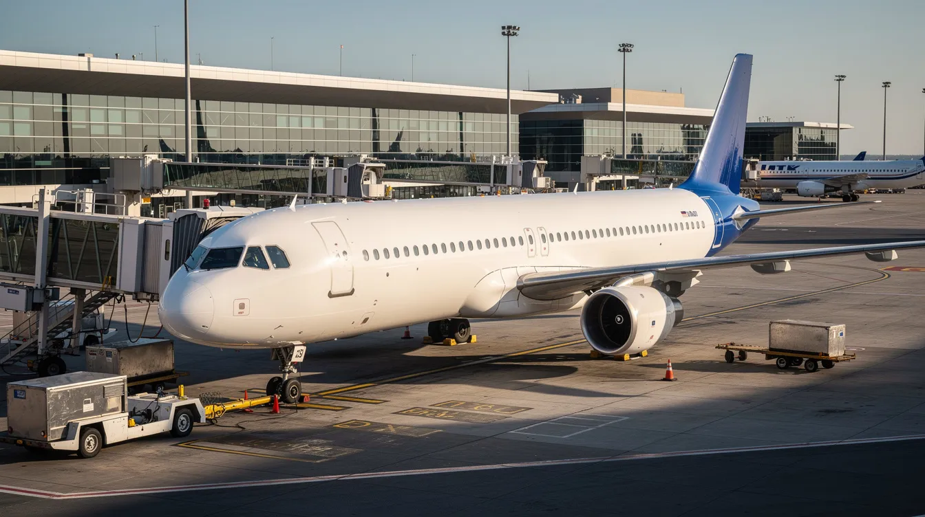 A narrow-body Boeing 737-800 commercial jet from American Airlines is parked at a busy gate in a U.S. airport terminal during the afternoon, ready for its upcoming flight AA1526 to Nashville, TN. The terminal is bustling with travelers checking flight schedules and statuses as they prepare for their departures.