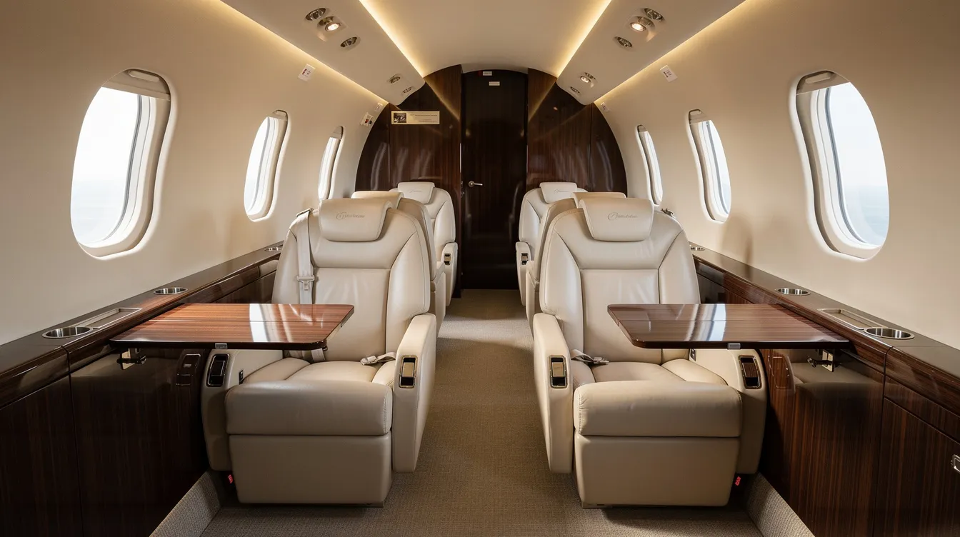The image depicts the interior of a small luxury turboprop cabin, featuring plush leather seats arranged in a club configuration, perfect for business travel. This cabin design enhances the flight experience, showcasing the efficiency and performance of the Daher TBM aircraft.