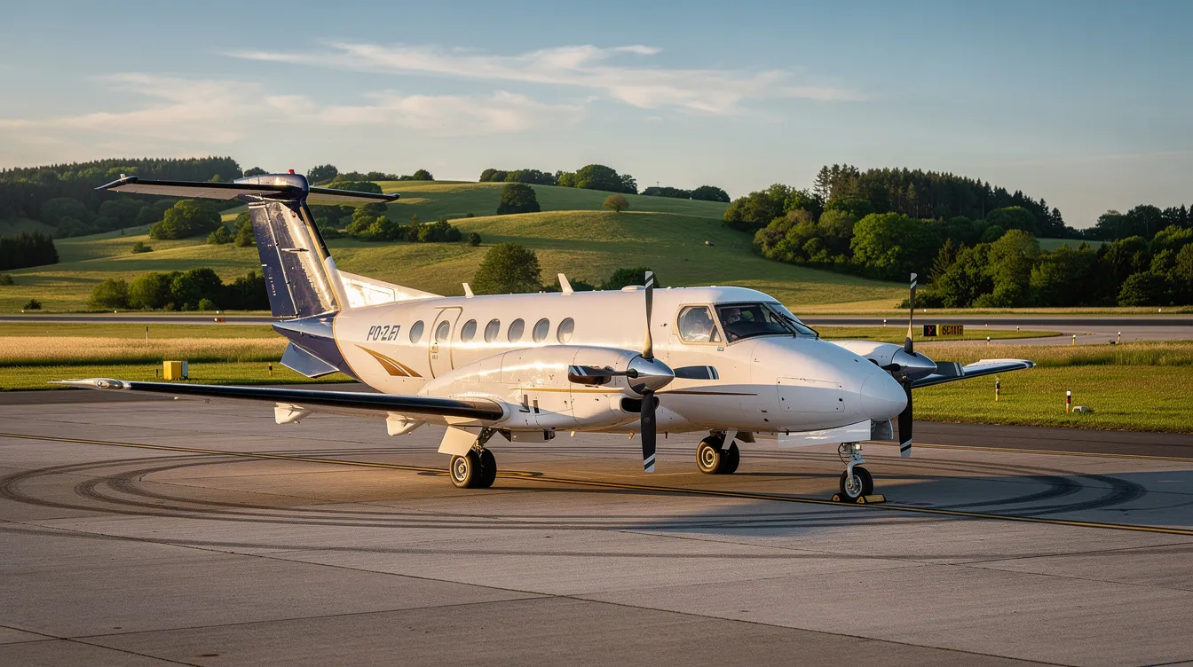 A single-engine turboprop aircraft, likely a Daher TBM model, is parked on a small regional runway with green hills in the background, showcasing its sleek wings and integrated flight deck. This new aircraft is designed for efficiency and performance, making it ideal for pilots seeking reliability in their business flights.