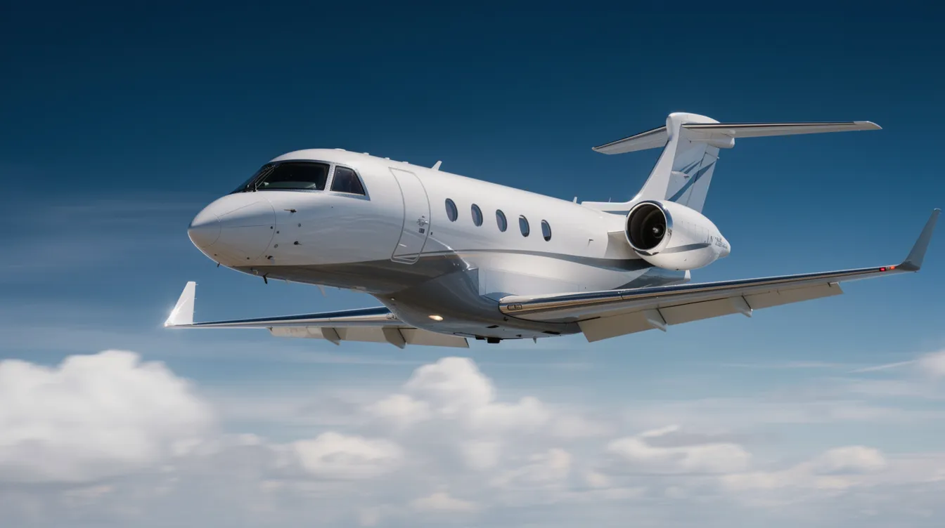 A sleek light jet, capable of seating up to nine passengers, soars through a clear blue sky dotted with scattered clouds. This aircraft, featuring advanced avionics and designed for high-speed travel, exemplifies the performance and efficiency of Nextant Aerospace's models, including the Nextant 400XT.
