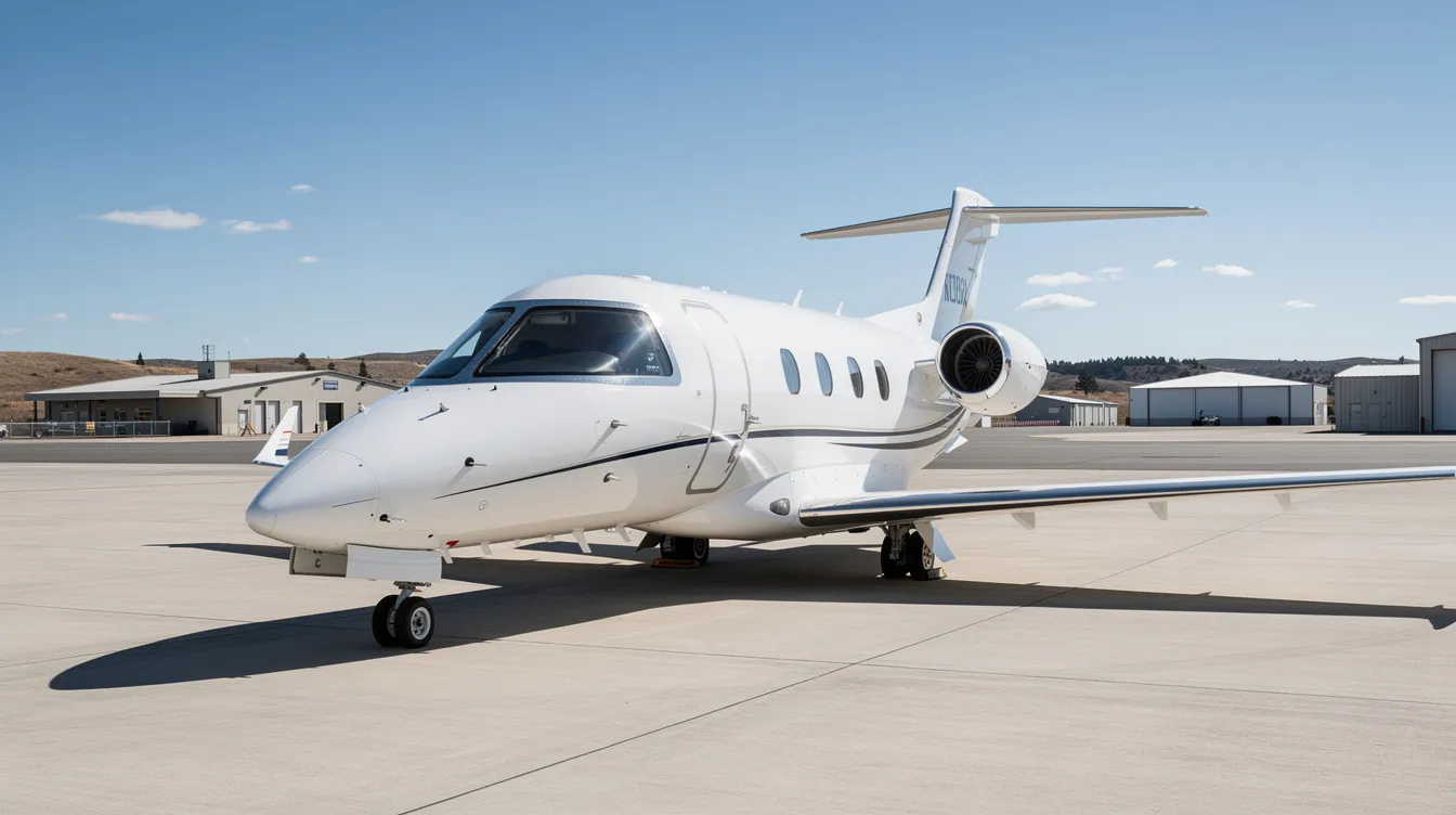 A sleek light business jet, specifically the Nextant 400XT, is parked on a tarmac at a regional airport under a clear blue sky. The aircraft is designed to accommodate up to nine passengers and features advanced components such as a Williams engine model for enhanced fuel efficiency and performance.