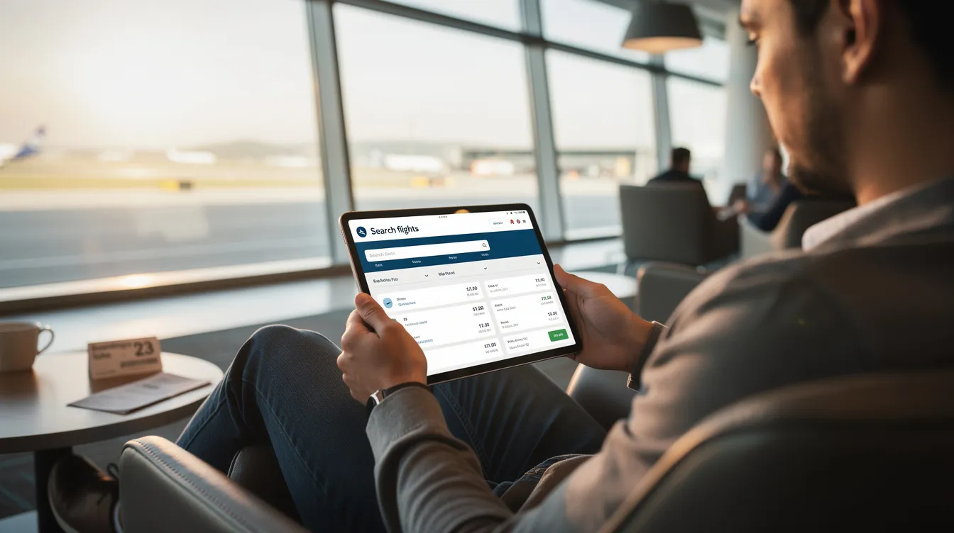 A person is comfortably seated in a modern airport lounge, using a tablet to browse travel booking options, possibly for a flight to London or Scottsdale. The atmosphere is relaxed, with other passengers nearby, as they explore easy and free services for their upcoming journeys.