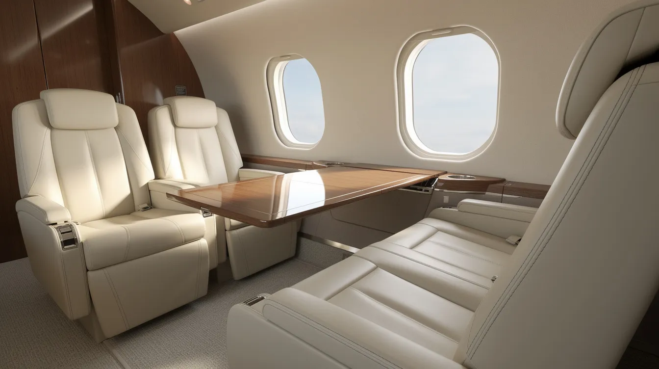 The image depicts the interior of a super-midsize private jet cabin, featuring luxurious leather seats and a worktable, illuminated by natural light streaming through oval windows. This elegant space is designed for business travelers, offering comfort and functionality during flights.