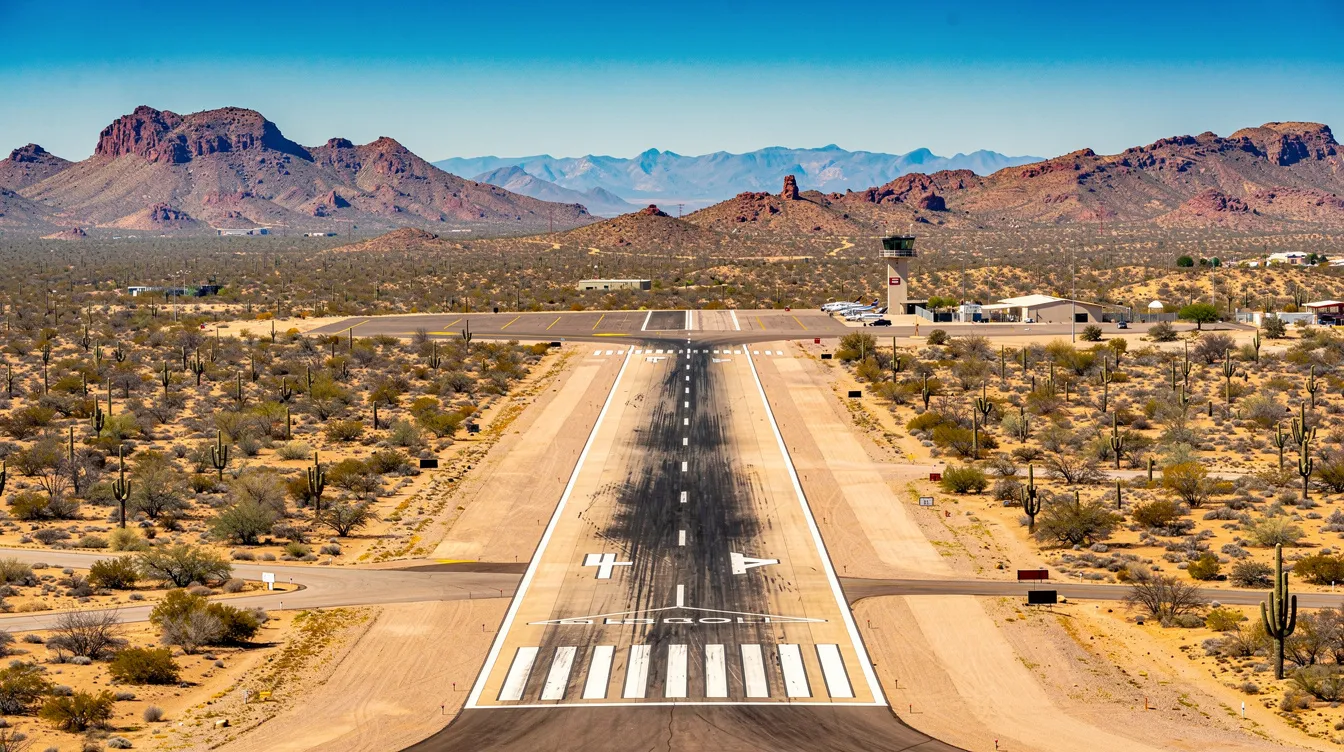 The image depicts a desert airport runway set against a backdrop of mountains under a clear blue sky, reminiscent of the Scottsdale, Arizona landscape. The scene suggests a tranquil environment for aircraft operations, ideal for business flights and co-pilots preparing for takeoff.