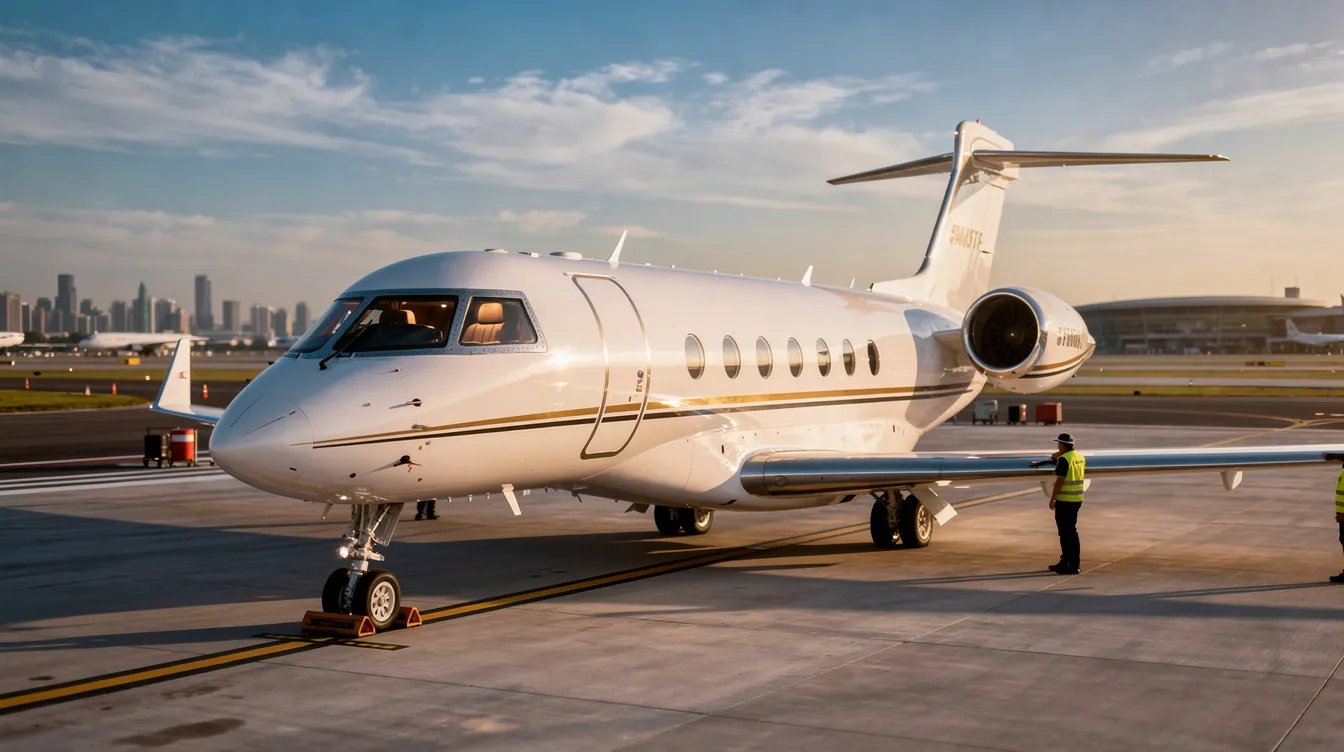 The image depicts a sleek private jet parked on a tarmac, showcasing its elegant design and registration marks clearly visible on the tail. This aircraft, part of a civil aviation system, can be searched in a database using its aircraft's serial number for further information.
