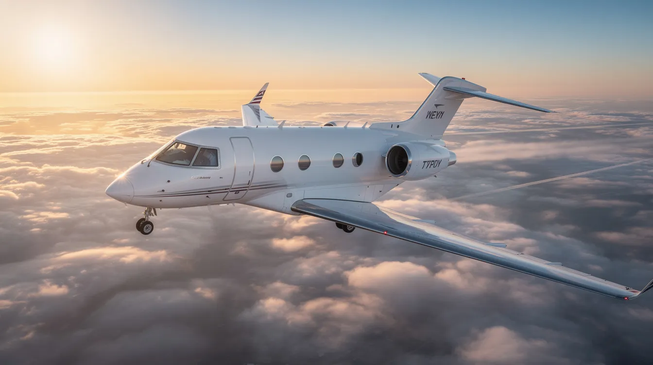 The image depicts a sleek private jet parked on a tarmac, showcasing its elegant design and registration marks clearly visible on the tail. This aircraft, part of a civil aviation system, can be searched in a database using its aircraft's serial number for further information.