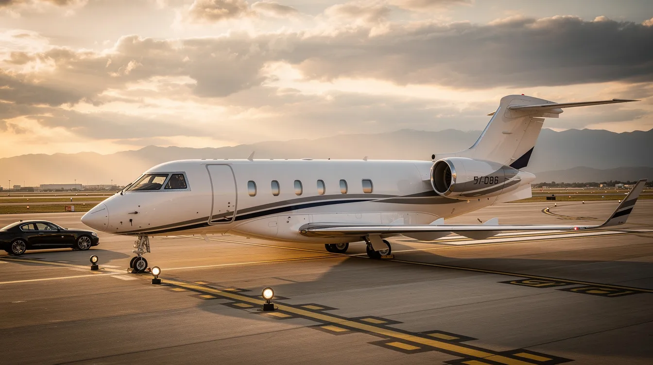 The image depicts a sleek private jet parked on a tarmac, showcasing its elegant design and shiny exterior. The aircraft's registration marks and serial number can be seen, which are essential for identifying the aircraft in aviation databases and systems.