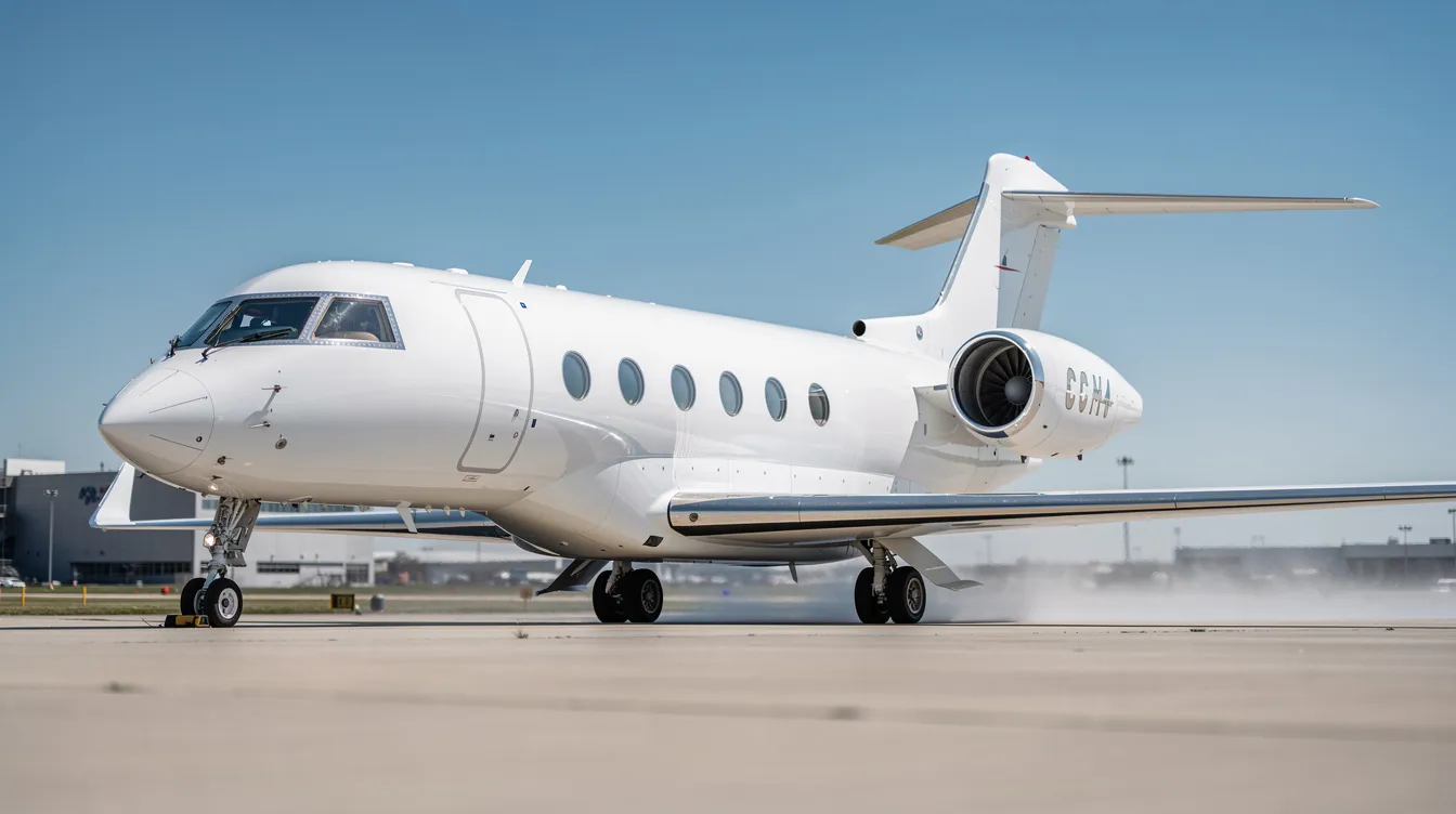 A sleek white Gulfstream G-V business jet is parked on a tarmac, set against a backdrop of a clear blue sky. The aircraft is ready for flight, showcasing a spacious cabin designed for passengers, while the scene conveys a sense of luxury and security.