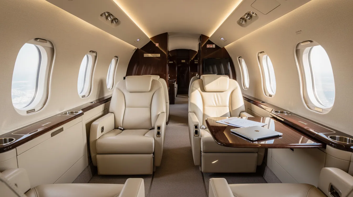 The image depicts the interior of a luxury business jet cabin featuring cream leather seats arranged in a club configuration, complemented by a polished wood table in the center, creating a spacious cabin for passengers to relax during their flight. The elegant design emphasizes comfort and sophistication, ideal for charter services.