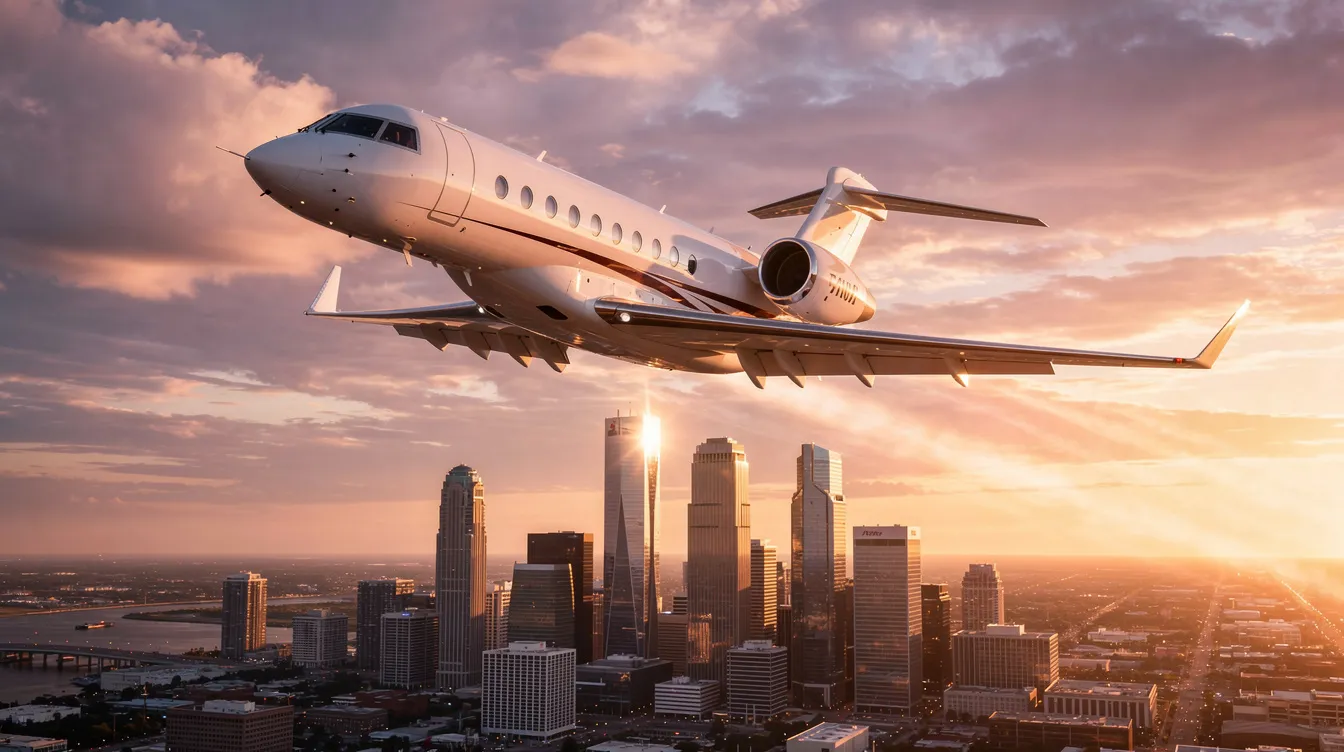A private jet is ascending into a vibrant sunset sky, with a sprawling city skyline visible below. The aircraft showcases a spacious cabin designed for passengers, symbolizing luxury and comfort during their flight.