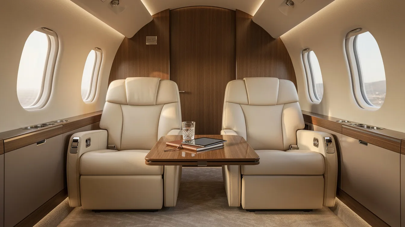 The image shows the interior of a modern private jet cabin featuring cream leather seats, ample natural light streaming through the windows, and a small table, creating a luxurious and inviting space for business meetings or social events with friends. The design is built for comfort and style, perfect for those who value their time while traveling.