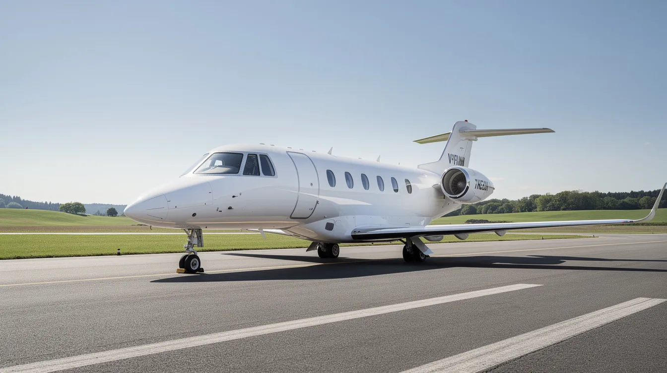 A small private jet is parked on a runway, set against a backdrop of clear blue sky and lush green landscape, symbolizing a community of friends and business activities. This serene scene invites you to imagine a scheduled event where people can meet and share experiences.