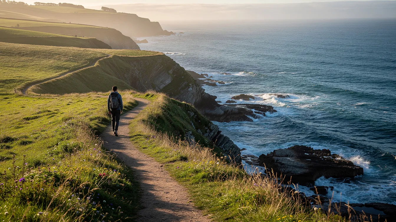 A person is walking along a scenic coastal path, enjoying breathtaking ocean views and lush green hills in the background. This picturesque setting invites community gatherings and outdoor activities, perfect for friends to meet and share experiences.