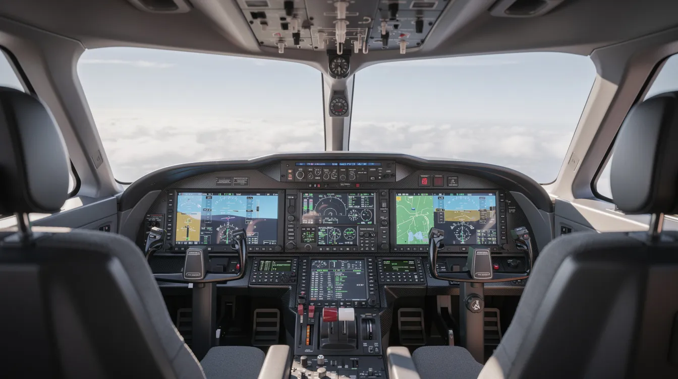 The image shows the interior cockpit of a modern glass-panel aircraft, featuring multiple digital flight displays that enhance avionics upgrades for improved performance. This cockpit design is typical of the Diamond DA62, known for its fuel-efficient twin engine and strong demand among private owners.