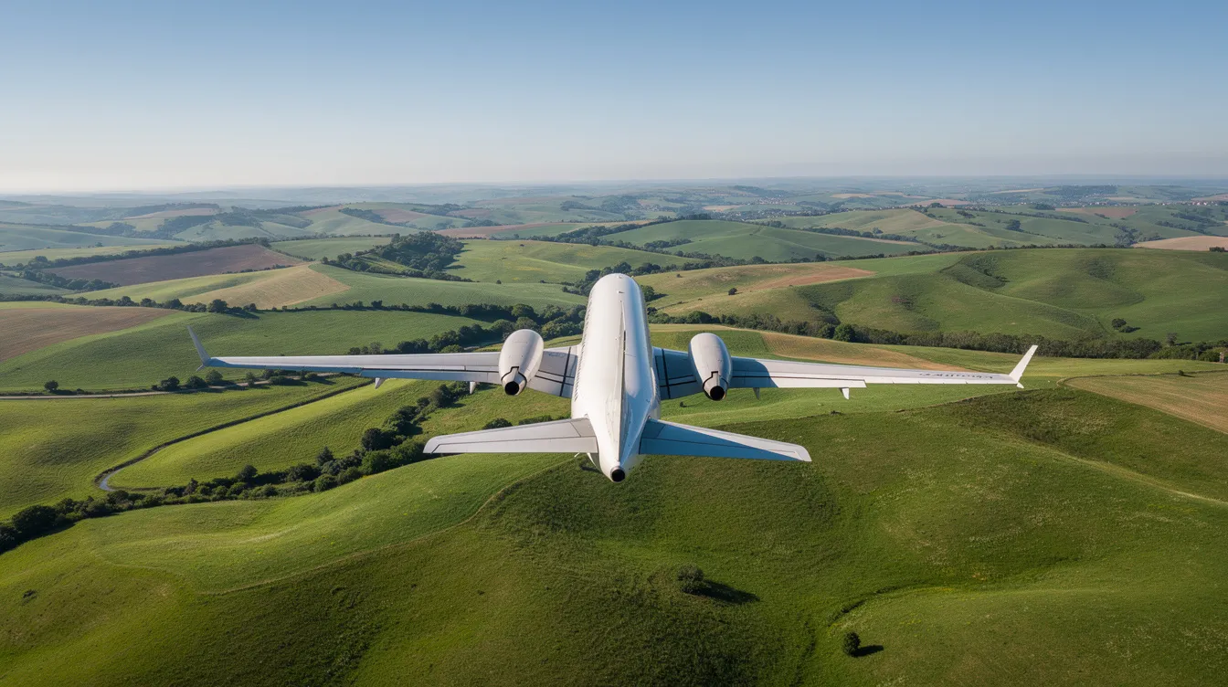 A modern twin-engine aircraft, specifically the Diamond DA62, is soaring gracefully over lush green rolling hills under a clear blue sky, showcasing its fuel-efficient design and impressive cruising speed. This aircraft, popular among private owners, features advanced avionics upgrades and is known for its strong demand in the market.