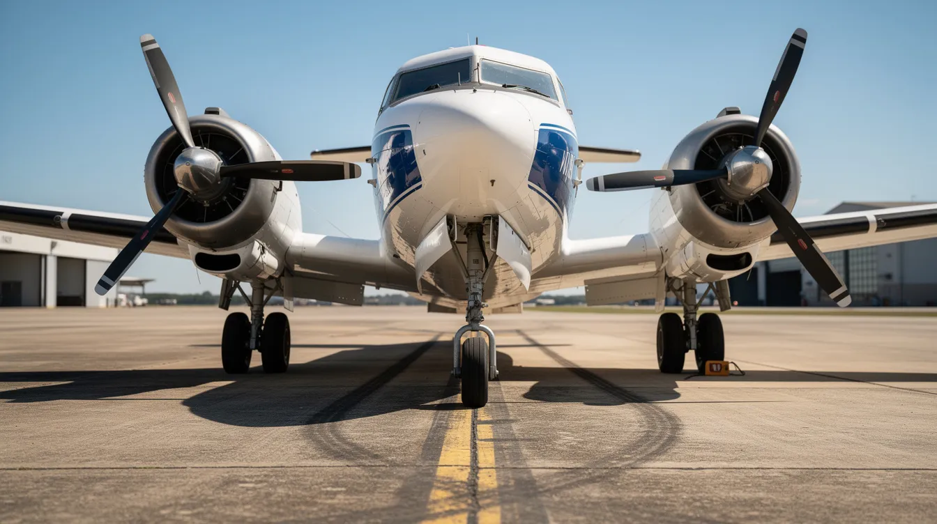 A close-up view of a twin-engine propeller aircraft, specifically the Diamond DA62, is parked on a concrete taxiway, showcasing its sleek design and modern avionics upgrades. The aircraft, designed for private owners, features a fuel-efficient engine configuration and offers seven seats for passengers, highlighting its strong demand in the market.