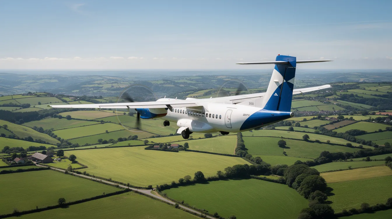 A turboprop commercial aircraft soars gracefully over lush green countryside on a clear day, showcasing the beauty of aviation in action. This image highlights the professionalism and safety associated with the aircraft industry, as it serves clients in various sectors, including aerial spraying and wildland firefighting.