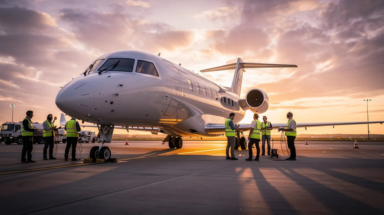 A sleek private jet is parked on an airport tarmac at sunset, with a professional ground crew nearby, showcasing the aviation industry's commitment to safety and service for their clients. The warm hues of the sunset reflect off the aircraft, creating a stunning backdrop for this moment in the world of private aviation.