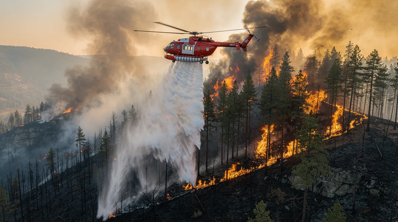A helicopter is seen aerially spraying water over a forested hillside to combat a wildfire, showcasing the critical role of aviation in wildland firefighting. This image highlights the professionalism and safety measures taken by the industry to protect natural landscapes and communities.