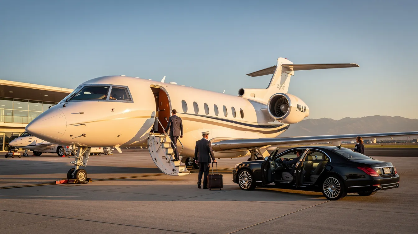 The image depicts a sleek private jet on the tarmac, ready for departure, highlighting the luxury of private jet aviation. Travelers can be seen boarding with their cabin bags, excited for their next trip to various destinations, emphasizing the exclusive experience of flying with private airlines.