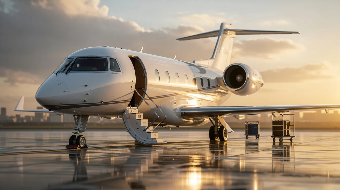 The image depicts a sleek private jet on the tarmac, ready for departure, highlighting the luxury of private jet aviation. Travelers can be seen boarding with their cabin bags, excited for their next trip to various destinations, emphasizing the exclusive experience of flying with private airlines.
