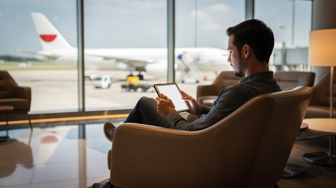 A person is seated in an airport lounge, browsing a tablet screen while large windows provide a view of the runway and aircraft operations outside. The scene reflects a commitment to aviation, with a focus on safety and service for aircraft owners and clients.