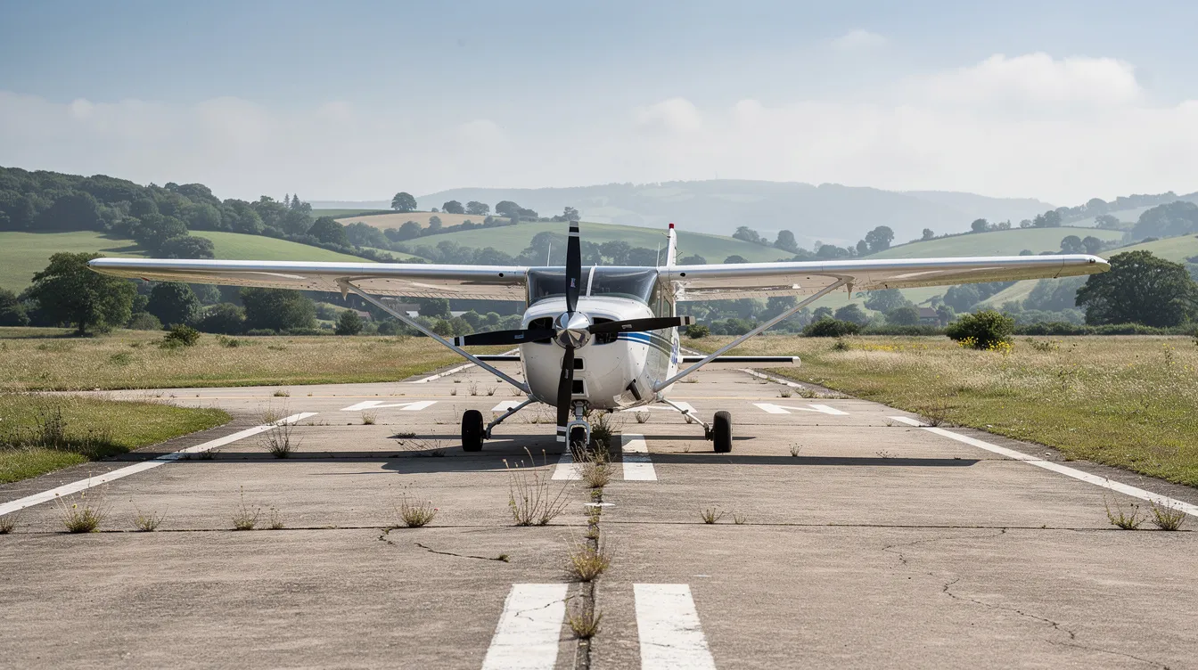 A small single-engine aircraft is parked on a quiet rural airport runway, surrounded by lush green hills, showcasing a serene aviation setting ideal for aircraft owners and flight school training. This peaceful scene reflects the commitment to safety and the highest standards of aircraft maintenance in the industry.