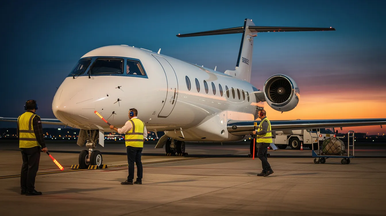 A private jet, likely a Gulfstream, is parked on an airport tarmac at dusk, surrounded by ground crew who are engaged in aircraft maintenance and operations. The scene reflects the luxury and dedication of Talon Aviation, emphasizing their commitment to safety and service for their clients.
