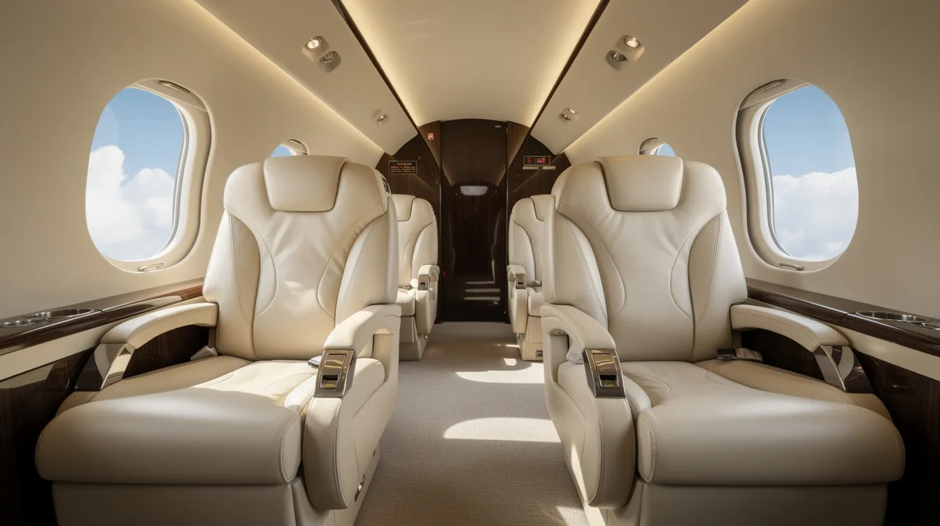 The image depicts the luxurious interior of a private jet cabin featuring plush leather seats and large windows that reveal a view of fluffy clouds outside. This elegant space reflects the highest standards of aviation, providing comfort and style for clients during their journey.