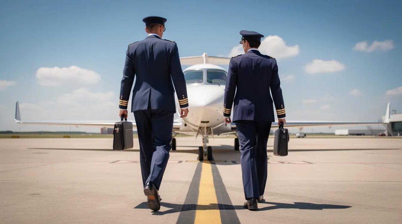 Two pilots in uniform confidently walk toward a private jet on a clear day, embodying the professionalism of flight operation and aircraft management. This scene highlights the commitment of Solairus Aviation to provide outstanding asset optimization solutions for aircraft owners.