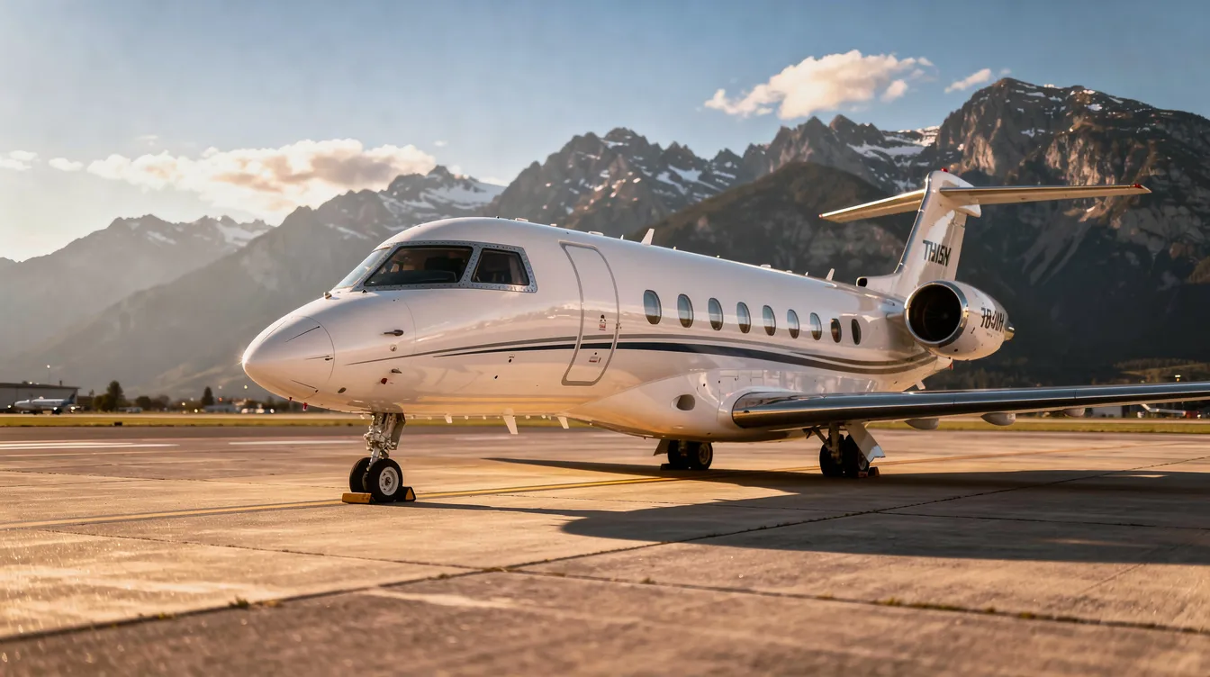 A sleek white private jet is parked on a sunlit tarmac, with majestic mountains in the background, showcasing the elegance of personal air travel. This image represents the high standards of aircraft management and personalized service offered by Solairus Aviation, catering to aircraft owners and their individual travel needs.