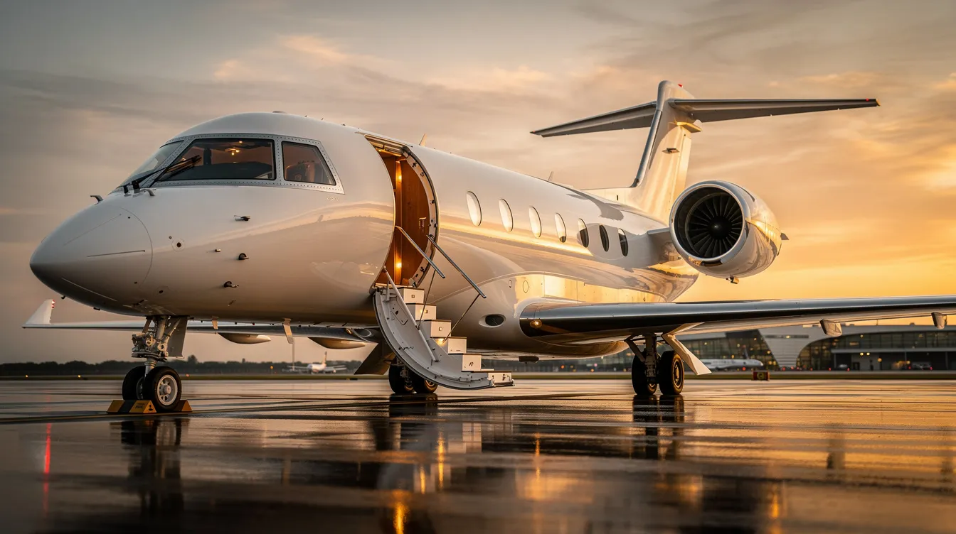 The image showcases a sleek private jet, representing the high standards of Solairus Aviation, a company specializing in aircraft management and personalized service for aircraft owners. Set against a backdrop of a clear blue sky, the jet symbolizes efficient flight operations and outstanding asset optimization solutions for individual travel needs.