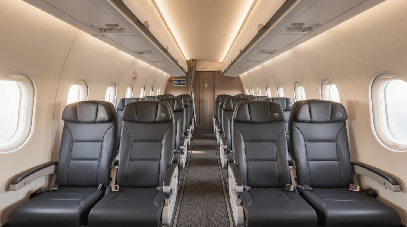 The image depicts the interior of a regional aircraft cabin featuring comfortable leather seats arranged in a two-by-two configuration, complemented by overhead lighting that enhances the spacious feel. This design is typical of ATR models, known for their high performance and efficiency in regional flights.