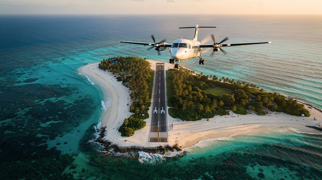 An aerial view captures a small island runway surrounded by vibrant turquoise ocean water, with a turboprop aircraft approaching for landing. The image highlights the aircraft's high performance and capability to operate on short runways, typical for regional airlines serving remote destinations.
