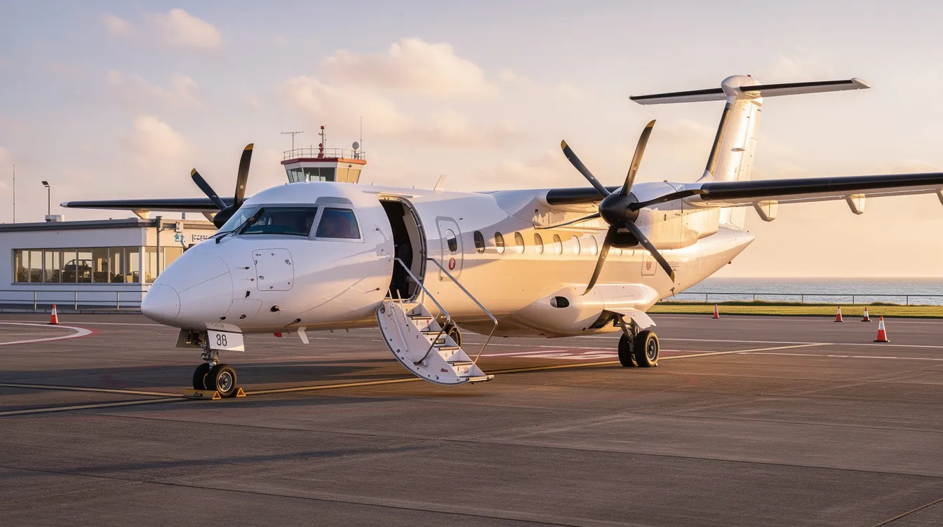 A turboprop aircraft, specifically an ATR 72, is parked at a small coastal airport with its built-in airstairs deployed, ready for passengers to board. This regional aviation model is designed for efficiency and reliability, making it ideal for short regional routes.