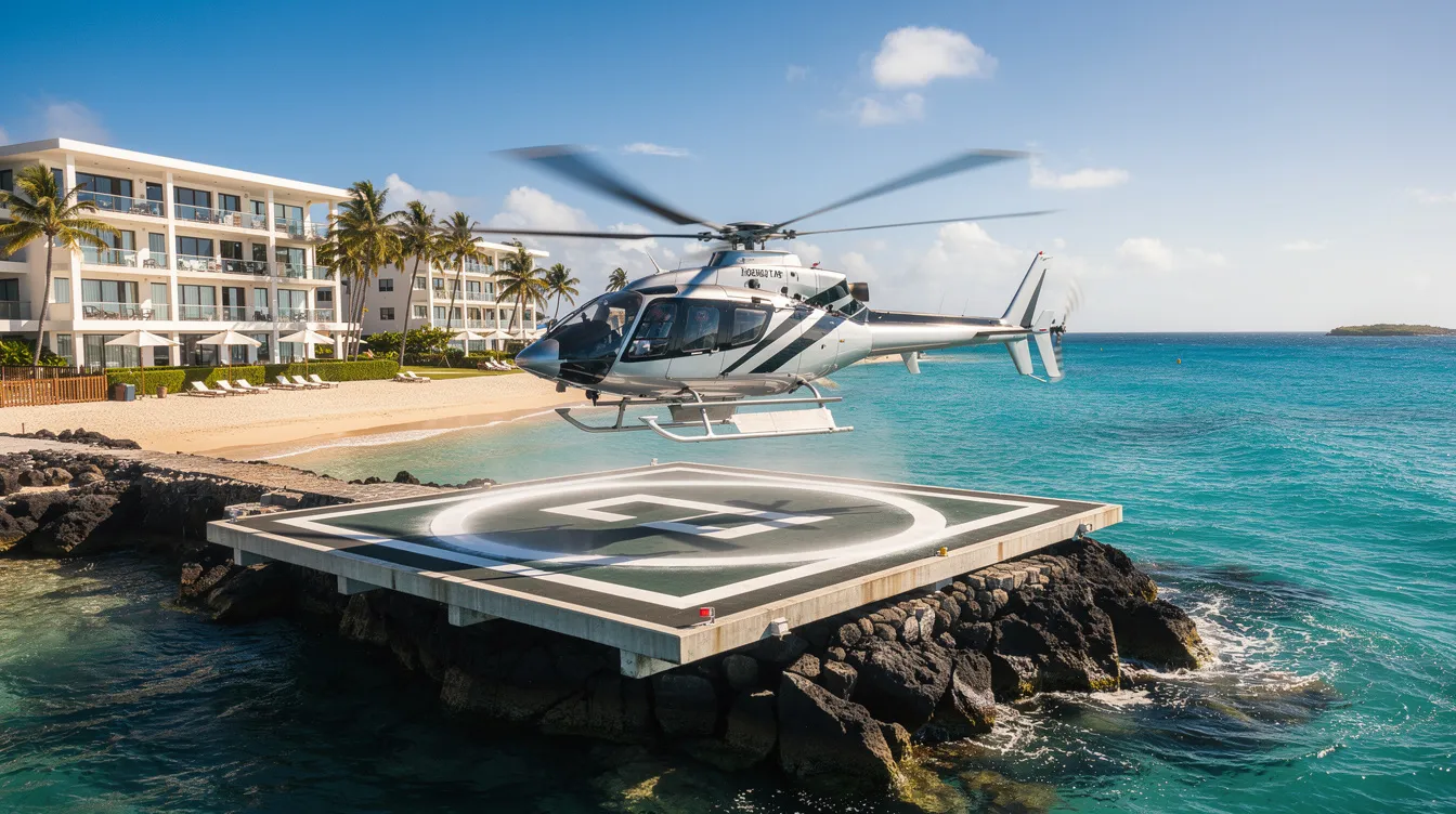 A helicopter is gracefully landing on a helipad at a coastal resort, surrounded by stunning turquoise waters. This scene highlights the convenience of private helicopter travel, offering quick access to scenic destinations while bypassing traffic.
