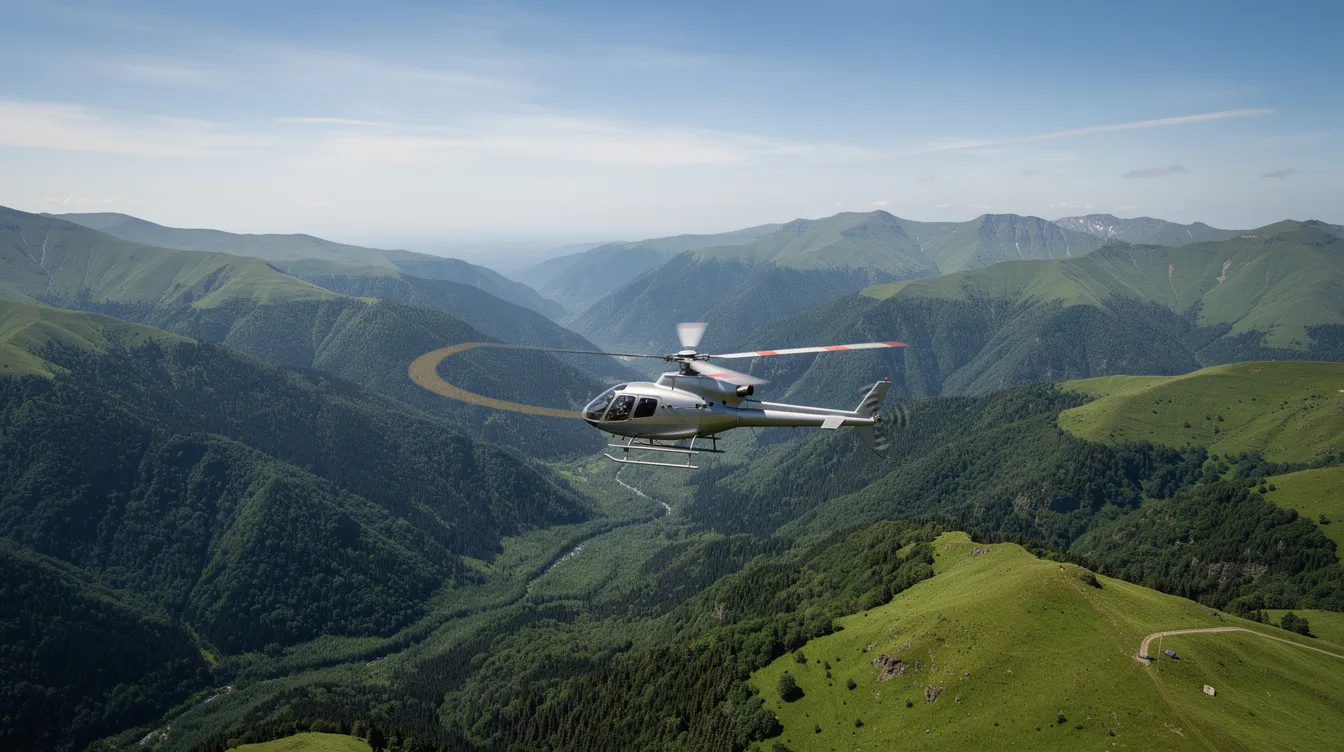 A helicopter soars gracefully above lush green mountains on a clear day, showcasing the beauty of aerial photography and the convenience of private helicopter travel. This scenic flight offers a time-saving solution for bypassing traffic and reaching remote locations quickly.