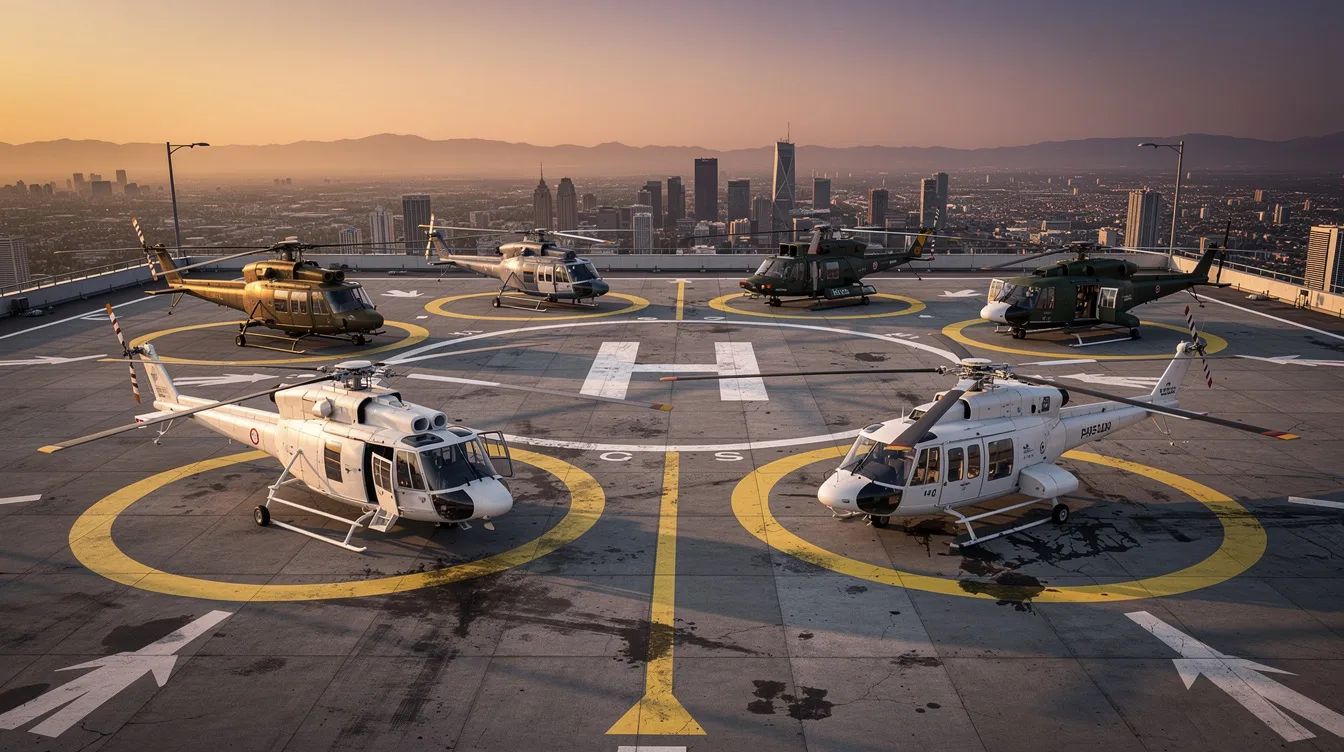 The image features several helicopter models parked on a spacious helipad, showcasing a variety of aircraft types that cater to different helicopter rental needs. This scene highlights the options available for private helicopter travel, emphasizing the importance of considering helicopter rental costs and services for efficient airport transfers and scenic tours.